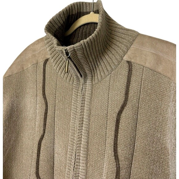 Lord Jeff Mens XL Wool Blend Heavy Knit Tan Sweater Full Zip Suede Shoulder - Picture 4 of 10